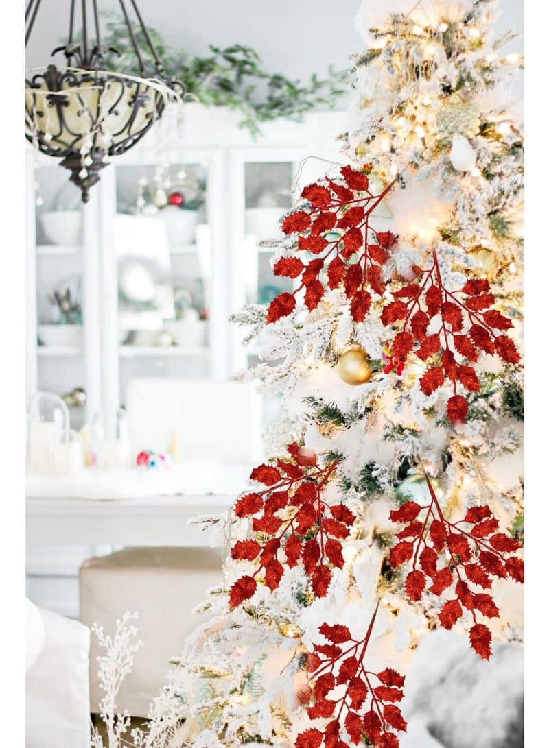 SYOSI 6Pcs Glitter Leaves Holly Leaves 14" Artificial Red Holly Leaf Picks Sprays Giltter Stems for Tree DIY Wreath Garland Home Decor - Red - Image 2